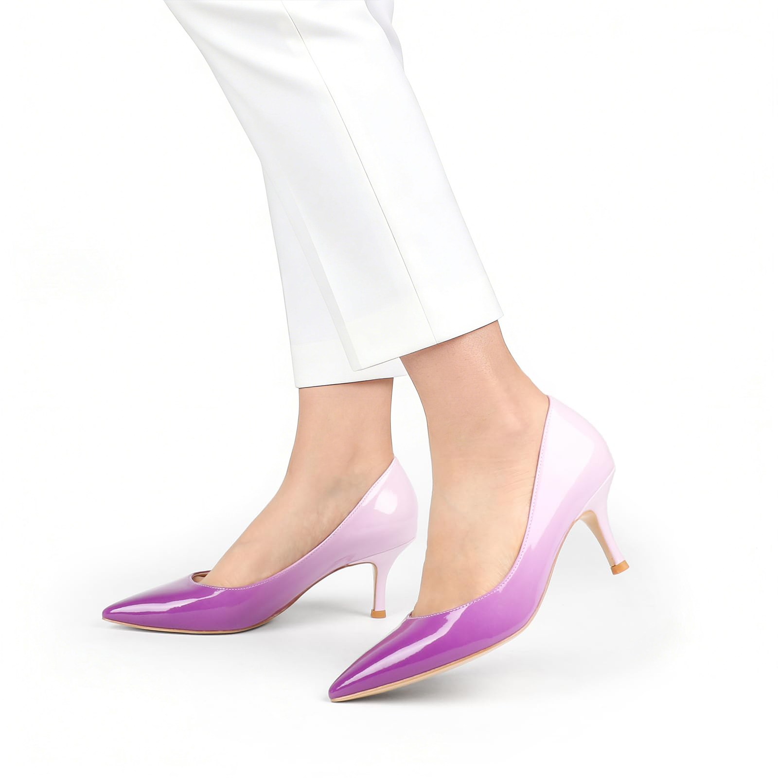 60mm Pointed Toe Kitten Heels Daily Gradient Colors Patent Pumps for Women-MERUMOTE