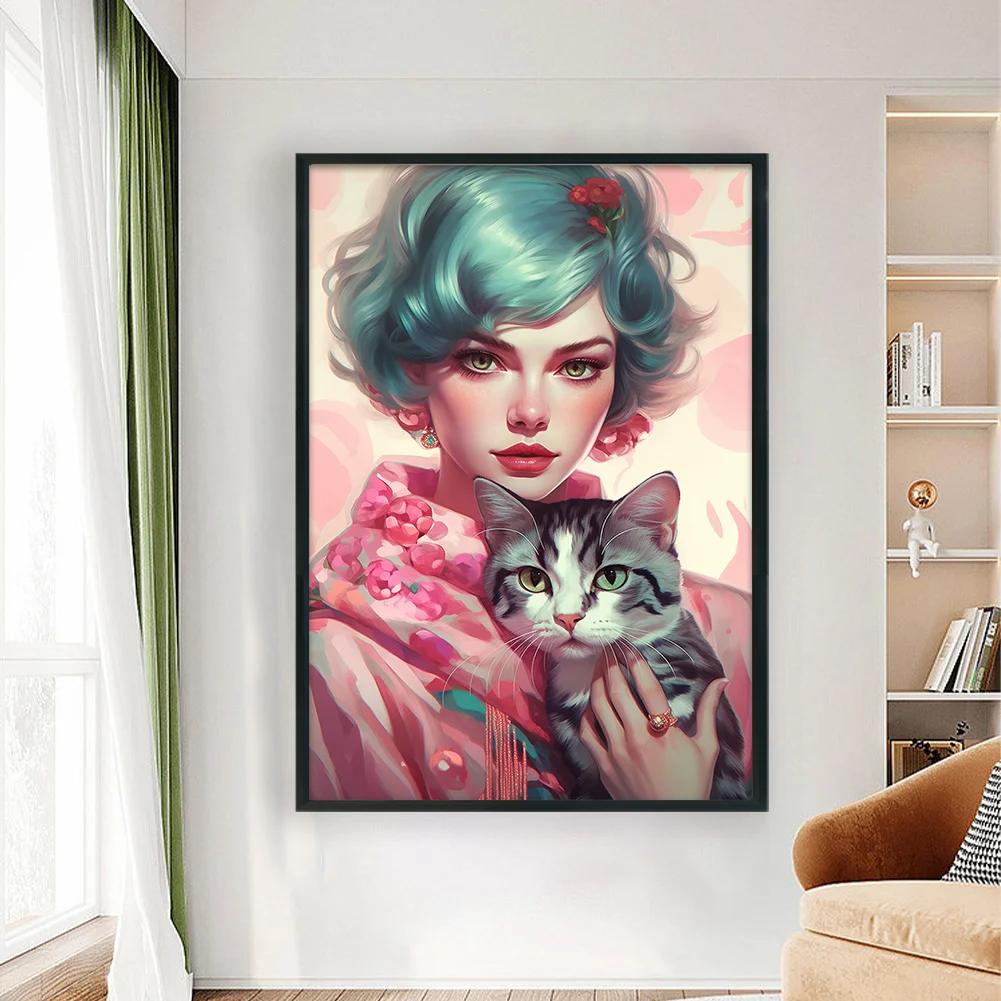 11CT Full Stamped Cross Stitch - Short Hair Woman Cat(Canvas|40*60CM)