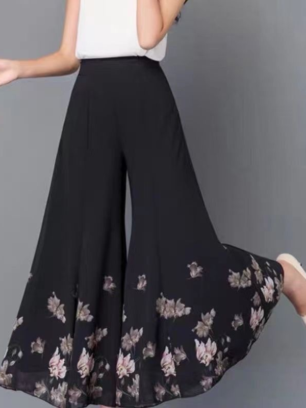 Printed Chiffon Baggy High-Waisted Wide-legged Pants