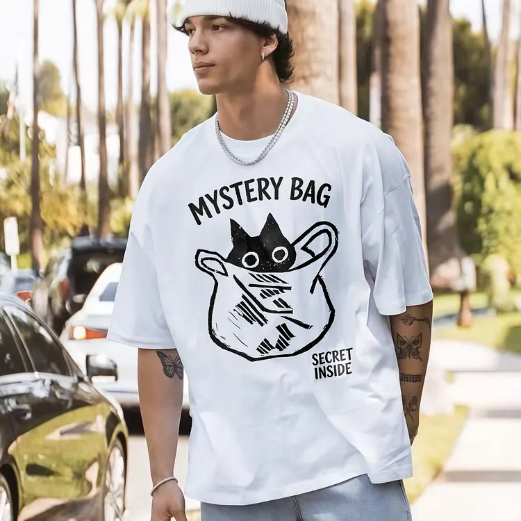 Mystery Bag Cat Peeking Out Secret Inside Printed Men's T-shirt
