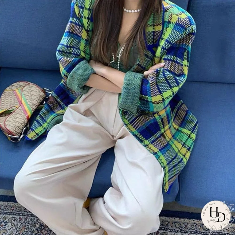 Fashion Bright Pink Green Plaid Knit Suit Korean Elegant Notched Collar Belted Vintage Jacket Autumn Winter Women's Suits