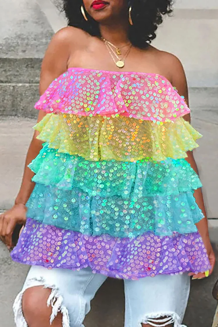 Xpluswear Plus Size Multicolor Party Bandeau Rainbow Sequin Overlay Ruffle Blouses [Pre-Order]