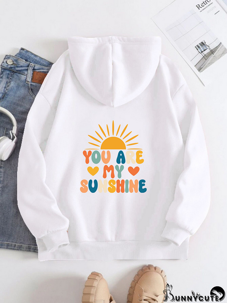 Printed on the Back Kangaroo Pocket Hoodie Long Sleeve for Women Pattern you are my sunshin