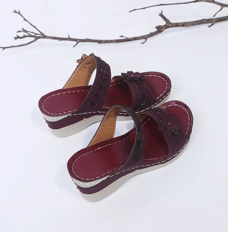 Breakj Breakj Spring And Summer New Retro Leisure Flowers Water Drilling Slope With A Word Of Women's Slope And Slippers