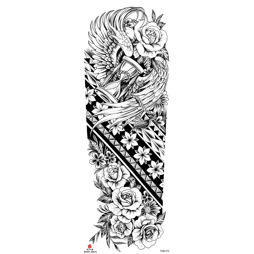 Sdrawing Arm Temporary Tattoo Wolf Lion Fish Horns Geometric Man Body Leg Rose Flower Phoenix Waterproof Sticker Cool Women Tatoo