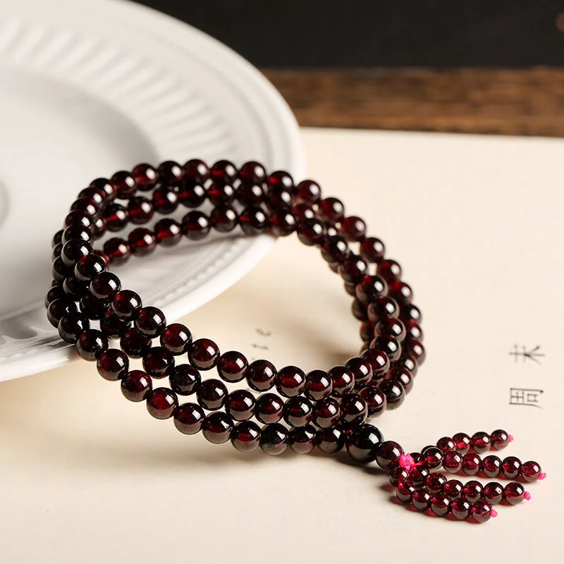 Chinese Natural 108 Purple Garnet Beads Tassels Mala Bracelet