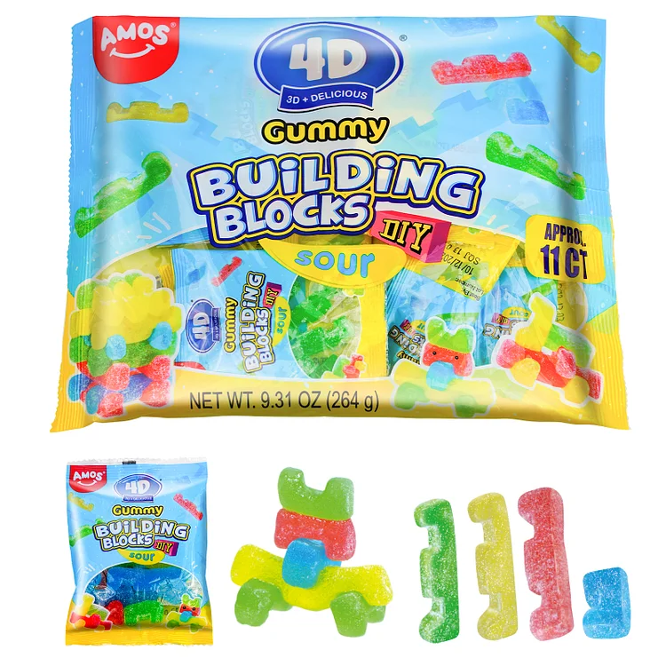 AMOS 4D Sour Gummy Candy Blocks Building Sticks Sharing Bag (11 pouch)