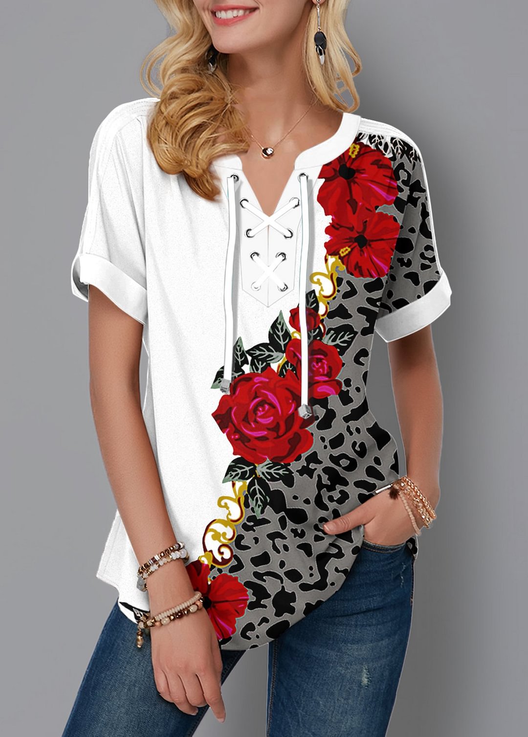 Leopard and Flower Print Lace Up Blouse