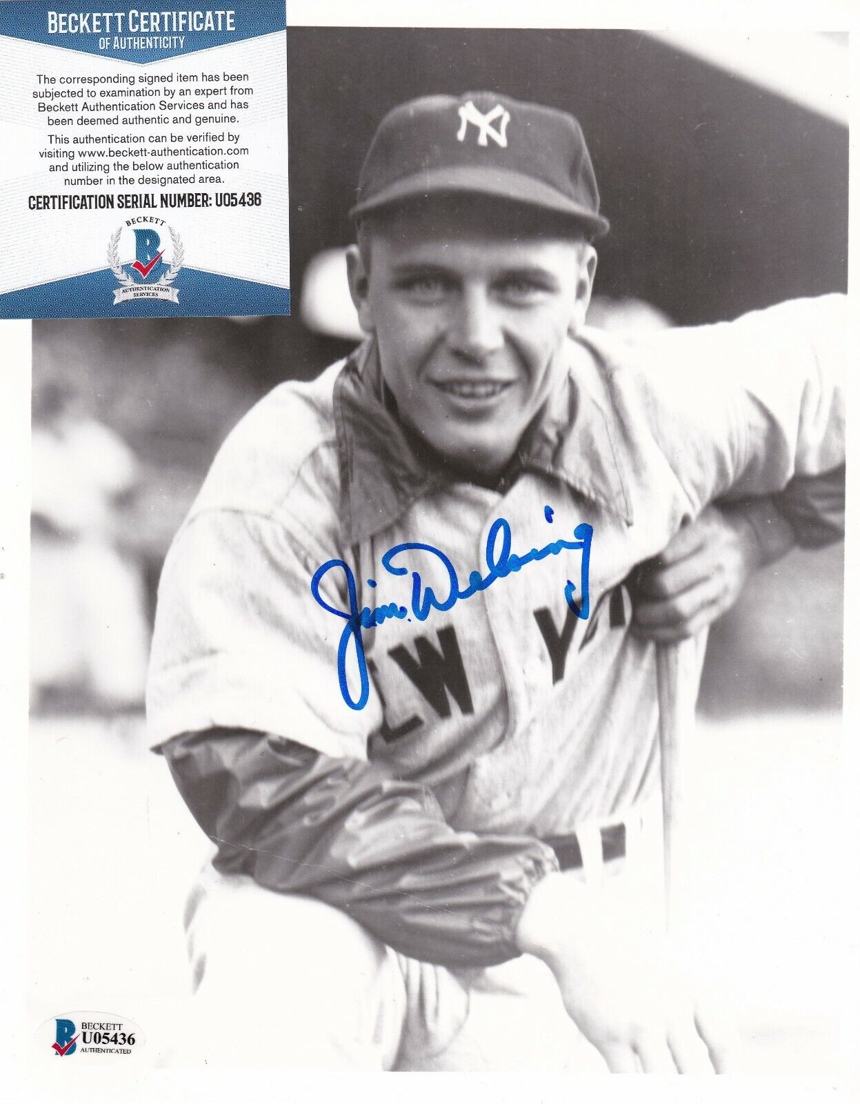 JIM DELSING NEW YORK YANKEES BECKETT AUTHENTICATED ACTION SIGNED 8x10