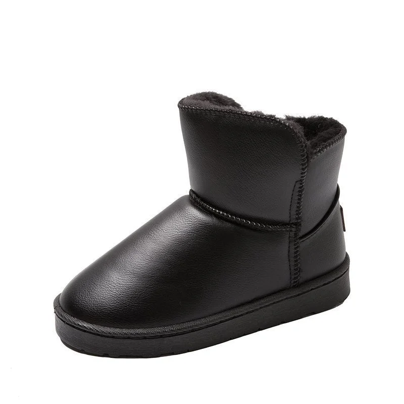 2021 New Winter Plus Velvet PU Waterproof Mid-Tube Snow Boots Thickened Warm Women's Boots 35-40 Flat-Heeled Cotton Shoes