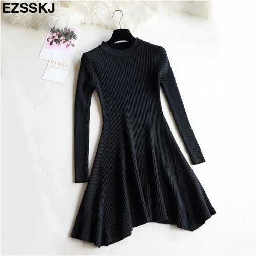 chic Autumn Winter black Sweater Dress Women o-neck Long Sleeve A Line thick Knit mini Dress female girl short bodycon dress