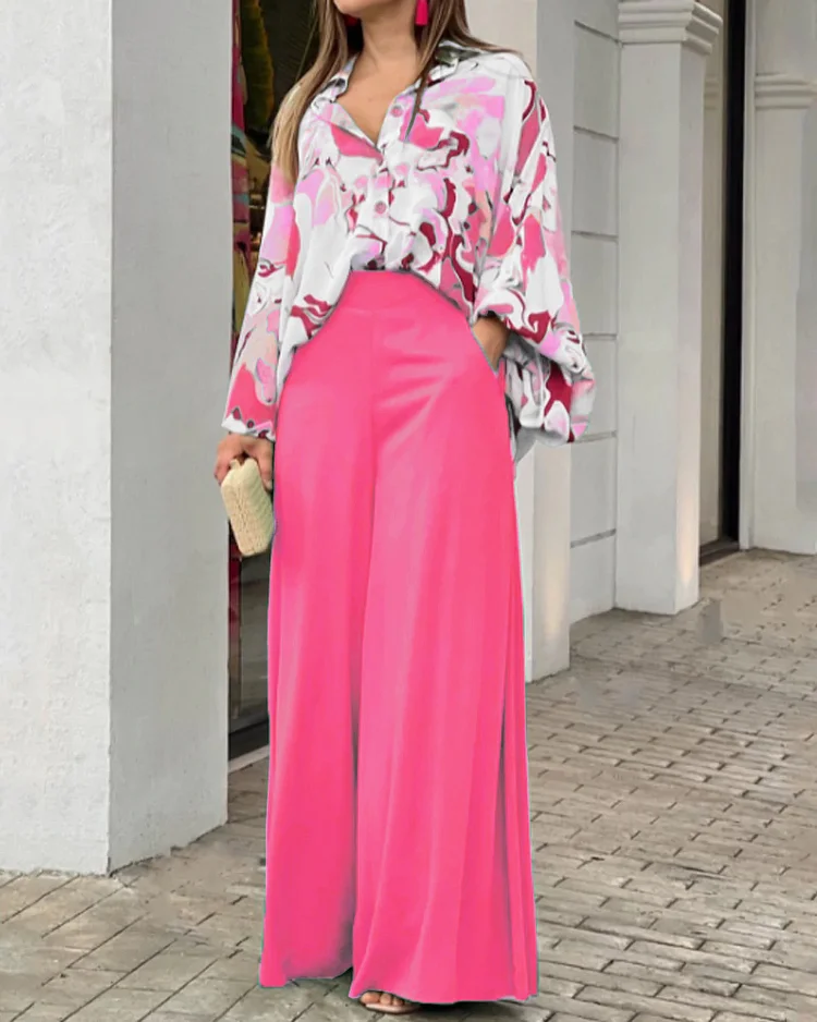 Casual Print Shirt & Wide Leg Pants Two-Piece Set