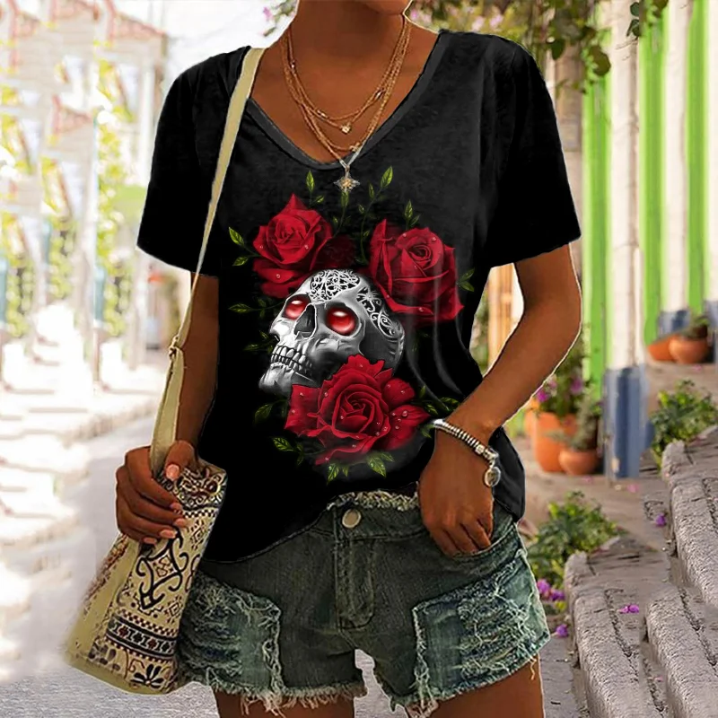 Casual Rose Skull Print T-Shirt