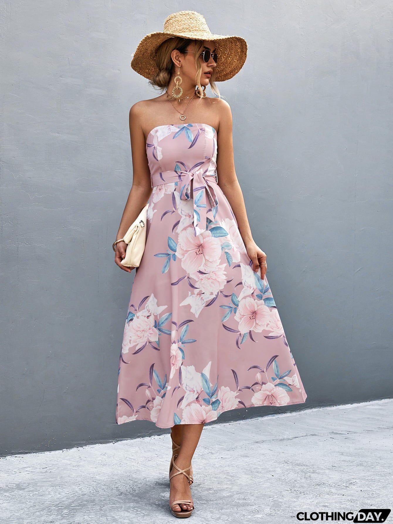 Floral Print Tie Waist Straight Neck Midi Dress