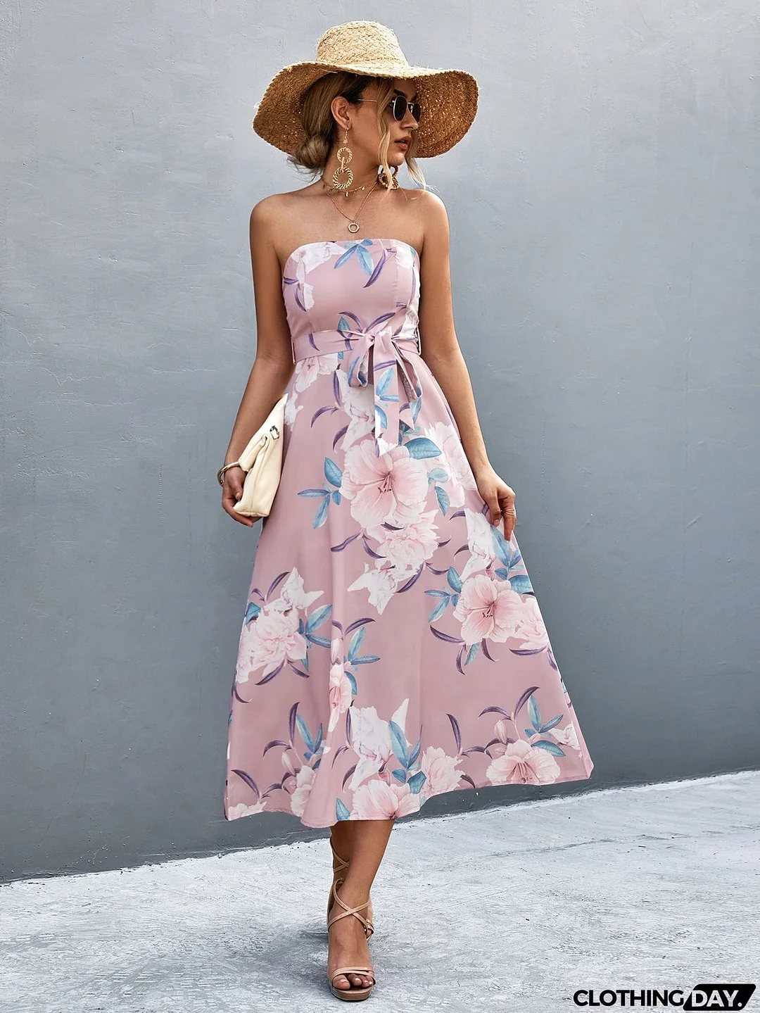 Floral Print Tie Waist Straight Neck Midi Dress