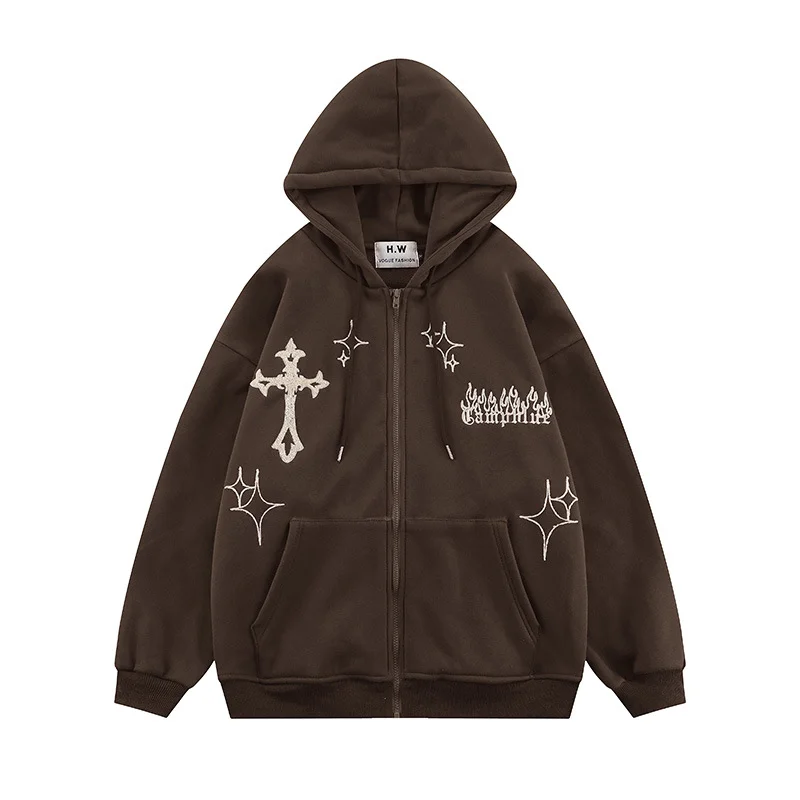 Cross Embroidered Couple Loose Hoodie Jacket