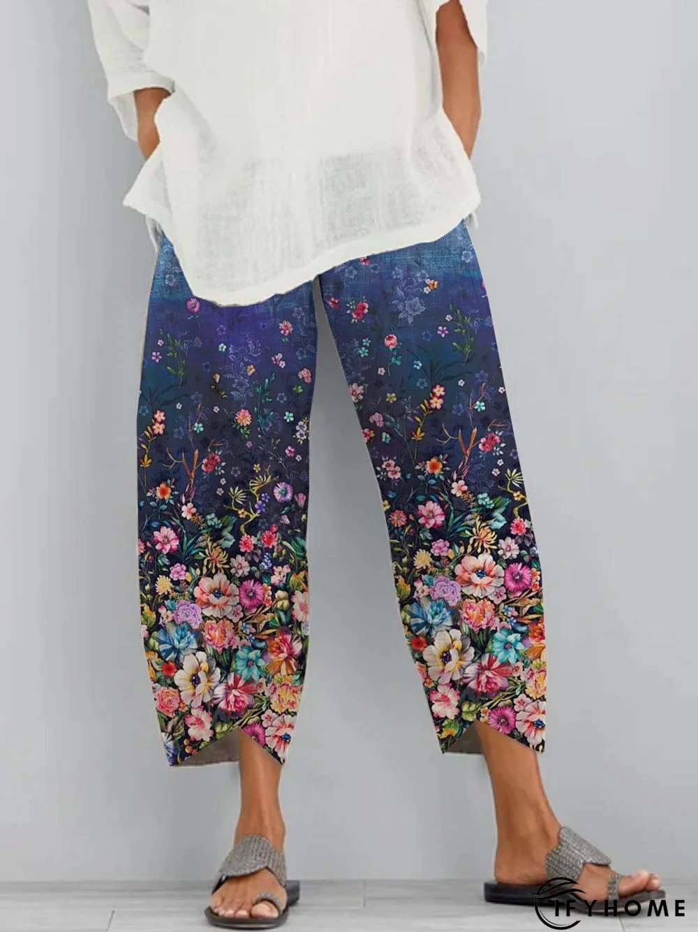 Floral Shift Printed Polyester Vintage Summer Blue Pants | IFYHOME