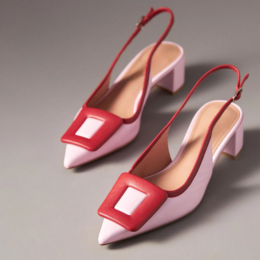 Pink & Red Block Heel Buckle Decor Pointed Toe Slingback Pumps