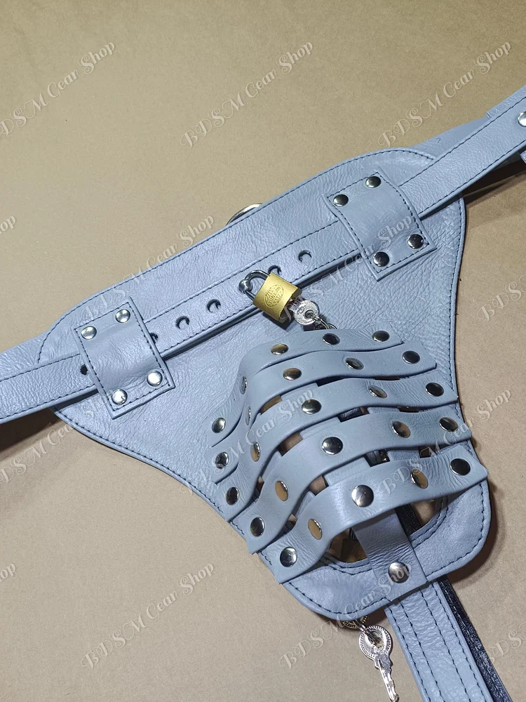 pornhint Pornhint Locked Leather Chastity Jockstrap ? Grey Fetish Cage Underwear for Men, BDSM Lockable Cock Cage Thong, Submissive Gear Harness bdsm outfit men