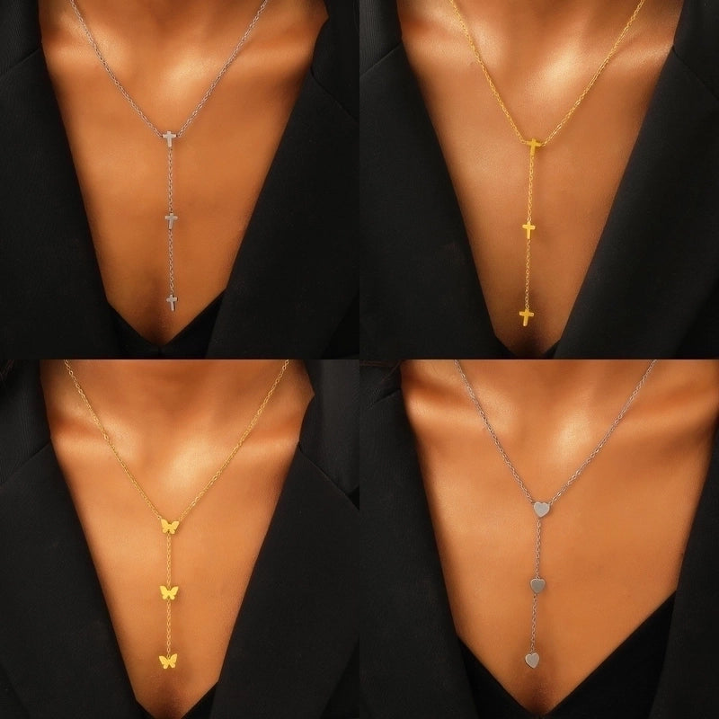 Titanium Steel Gold Plated Minimalist Cross Heart Shape Butterfly Pendant Necklace