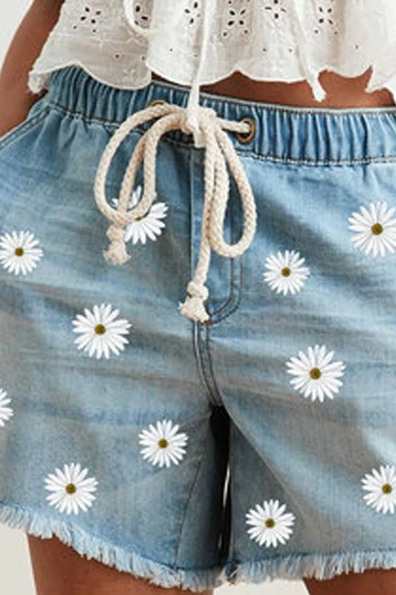 Denim Floral Printed Drawstring Waist Shorts