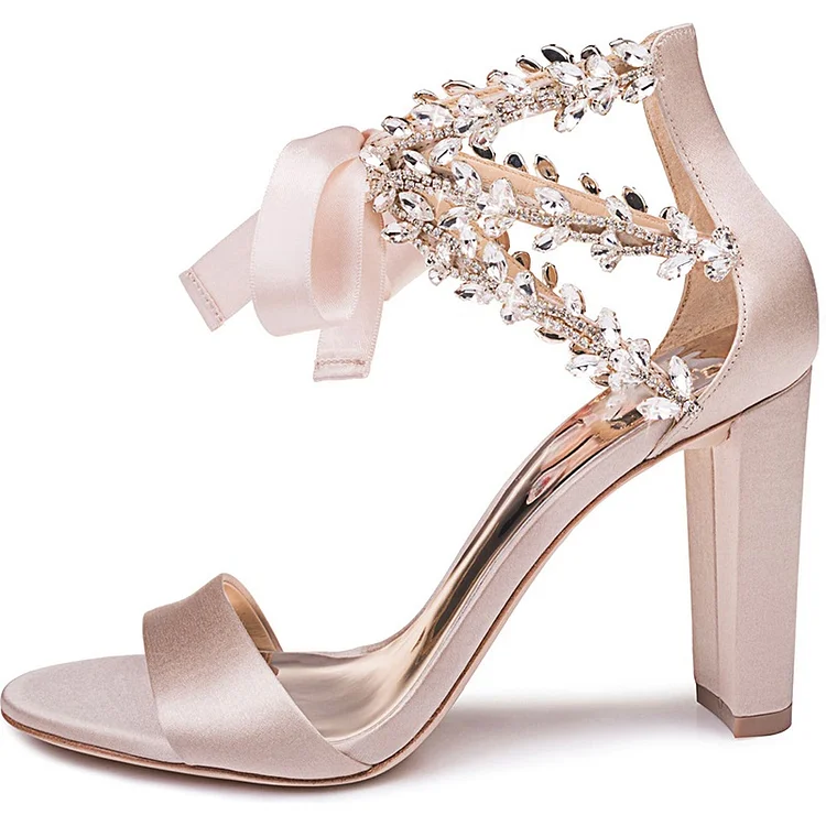 Blush Satin Rhinestone Ankle Strap Chunky Heels Wedding Sandals |FSJ Shoes