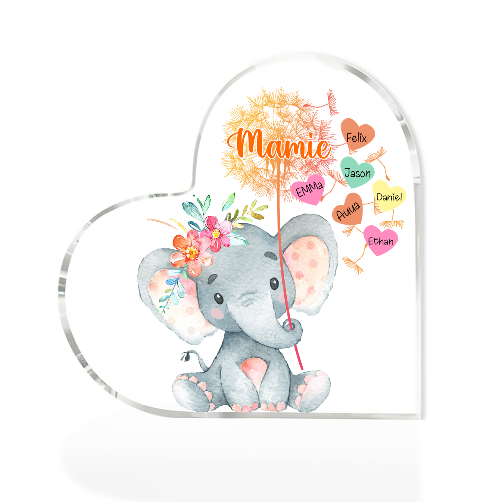 À ma Mamie - Plaque Acrylique Éléphant en Forme de Cœur 6 Prénoms Personnalisés