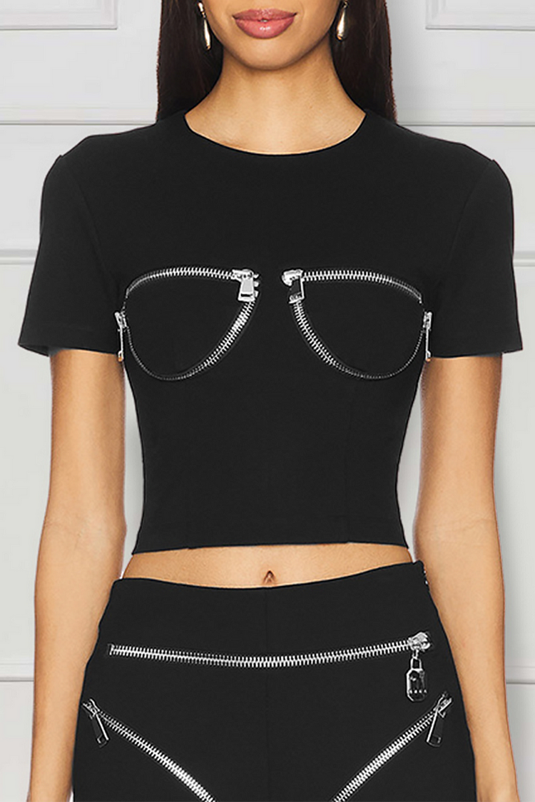 Zippers Design Round Neck Short Sleeve Slim Fit Crop T-Shirt-White