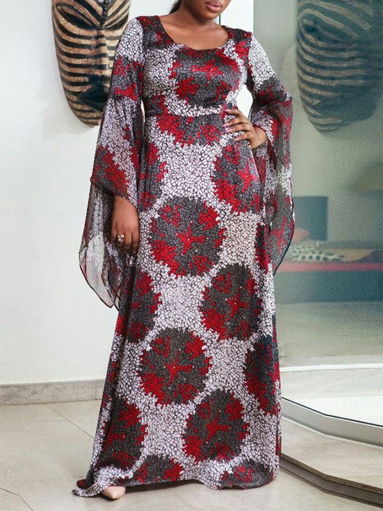 Printed round neck, long sleeves, flared sleeves, A-line women's dress QueenFunky