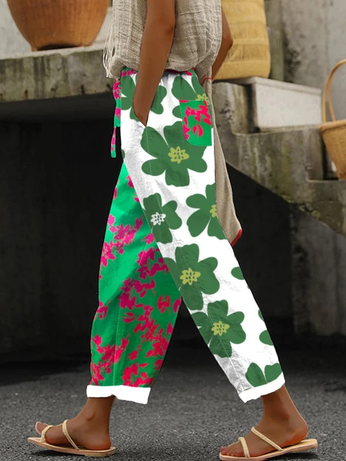 Women's Green Pink Floral Print Casual Pants