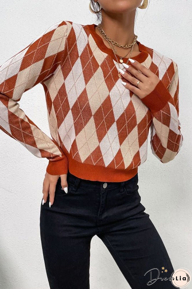 Brown Diamond Knit Pullover Sweaters
