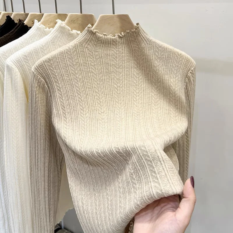 Athvotar Athvotar Ear Knit Shirt Half High Collar Bottoming Shirt Women With White Bottom Sweater 2025 Spring And Autumn New Top