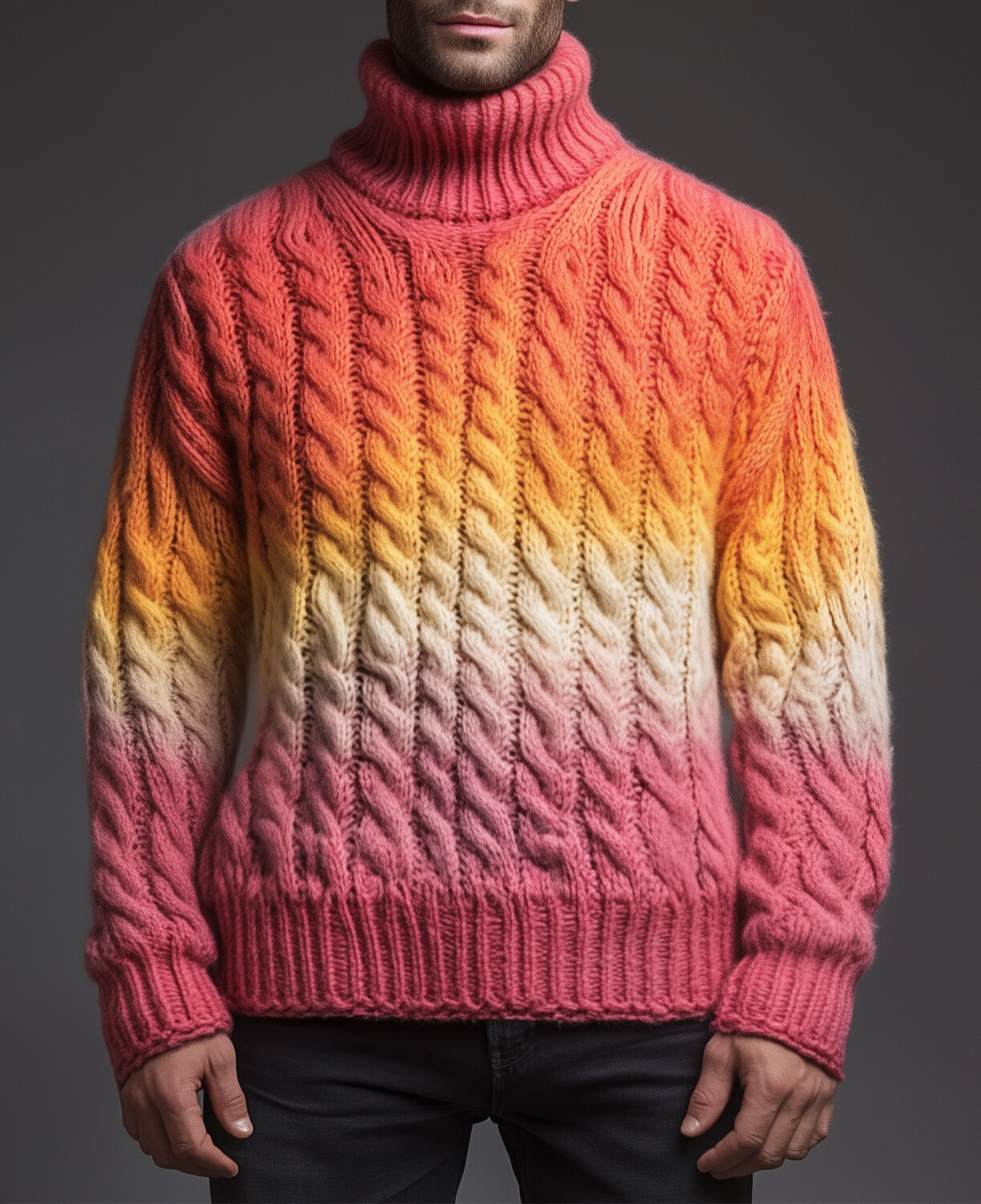 Okaywear Ombre Print Cable Knit Long Sleeve Turtleneck Sweater