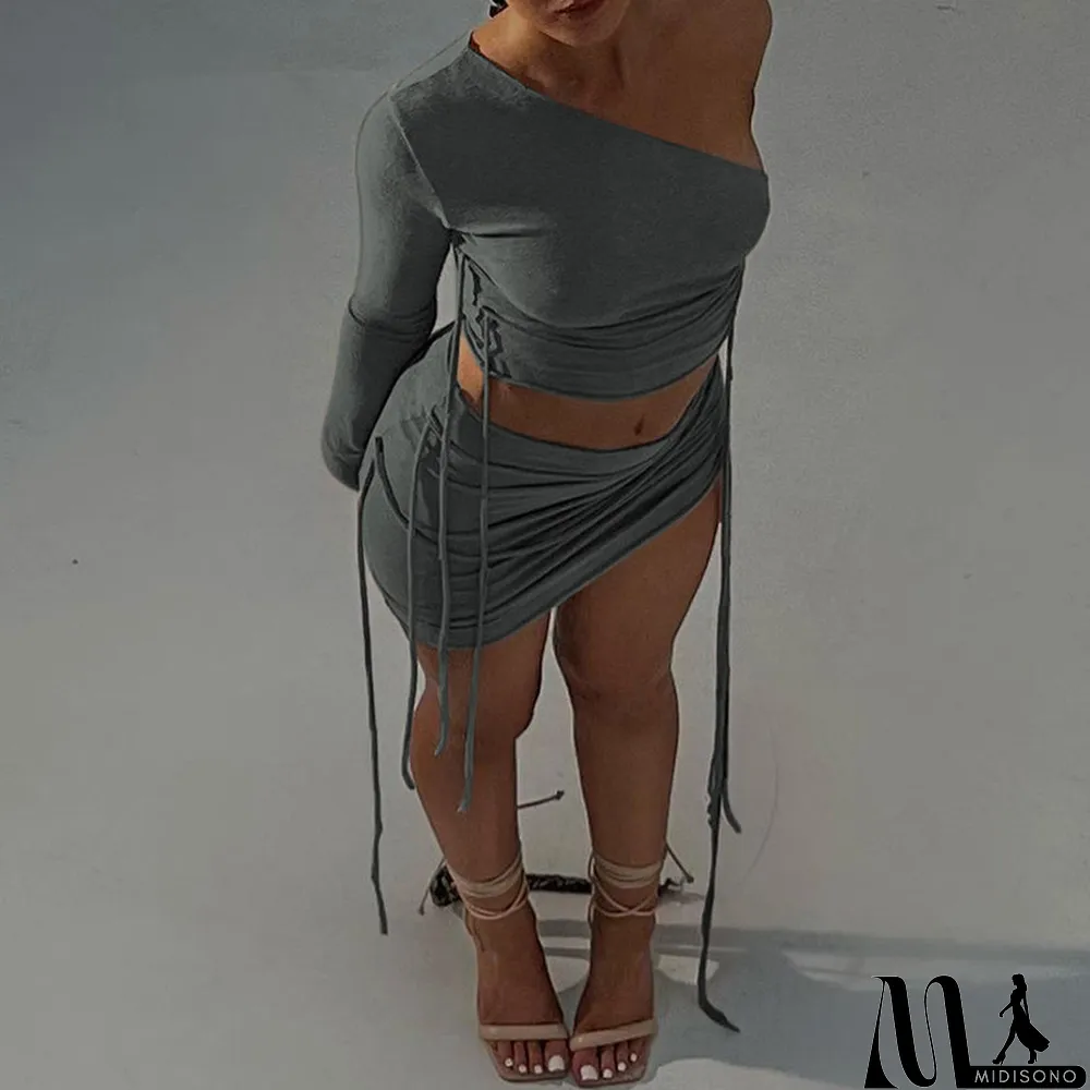 MidiSono - Women Fall One Shoulder Crop Top and Side Drawstring Skirt Two Piece Set