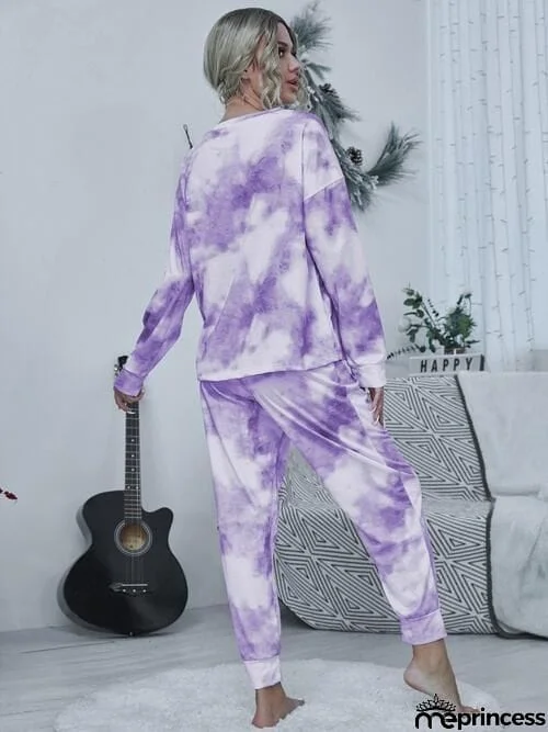 Tie-dye Round Neck Top and Drawstring Pants Lounge Set