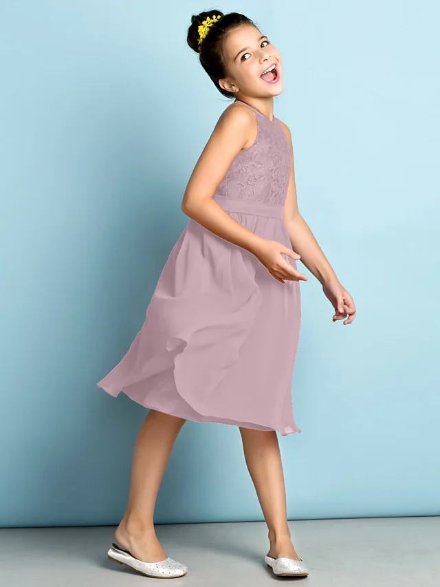Daisda A-Line Jewel Neck Knee Length  Flower Girl Dress With Lace 