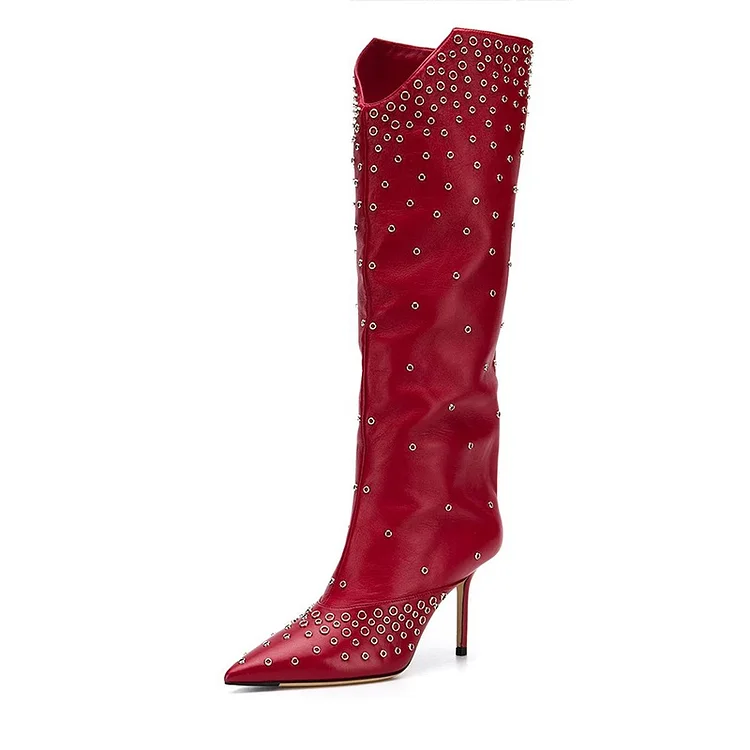 Red Studs Stiletto Boots Pointed Toe Knee High Boots |FSJ Shoes
