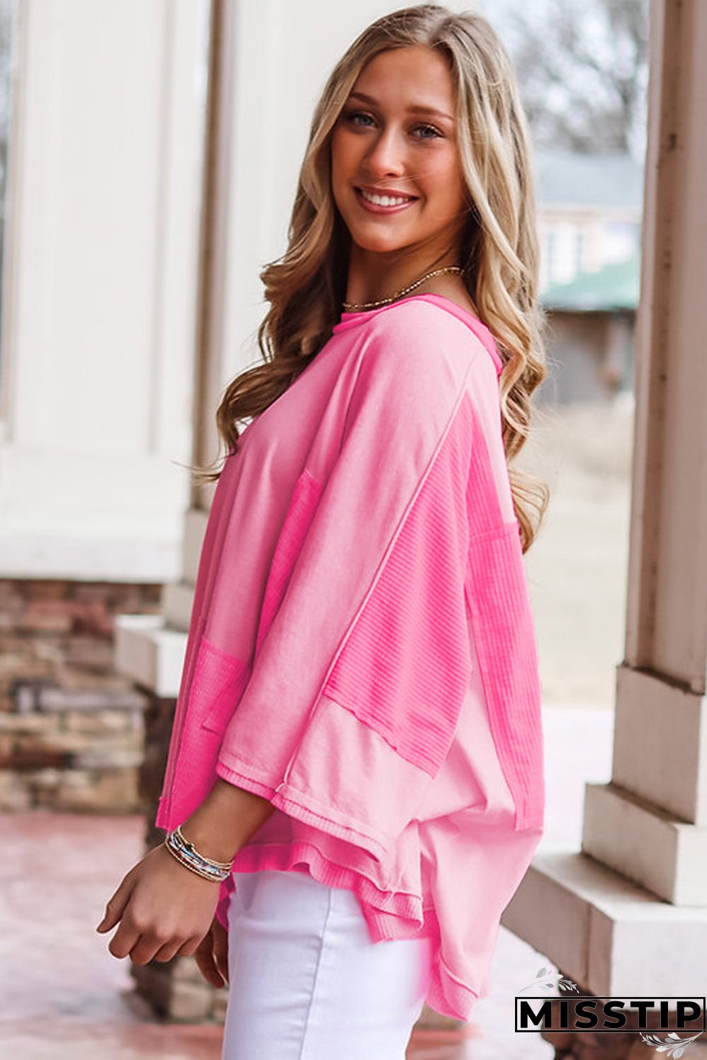 Bonbon Oversized Patched High Low Bracelet Sleeve Plus Size T Shirt