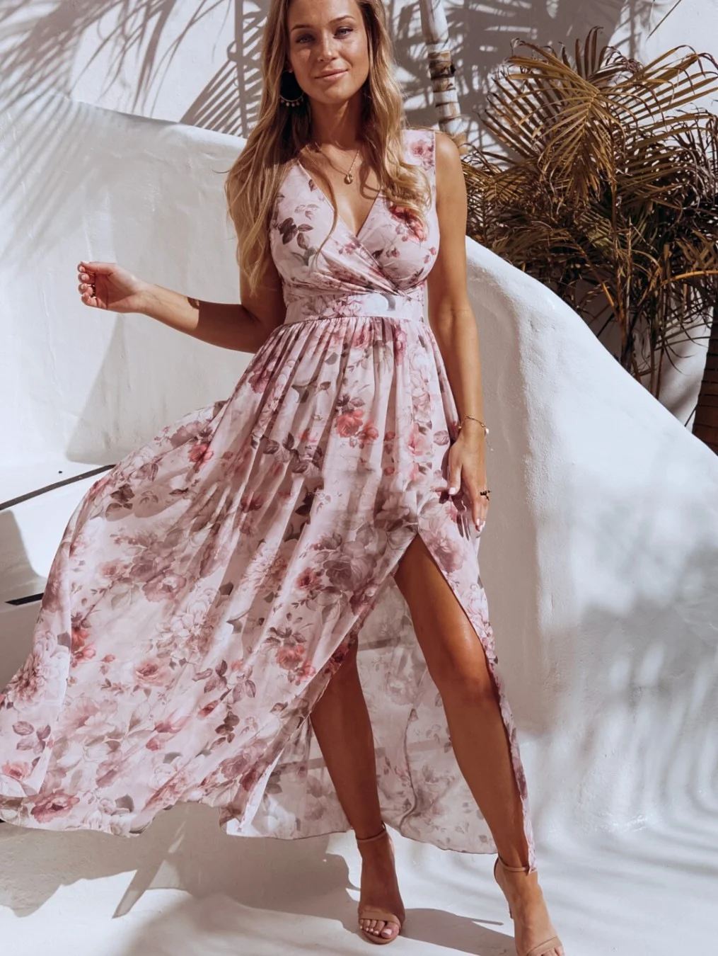 Sleeveless Printed Chiffon Split V-Neck Dress