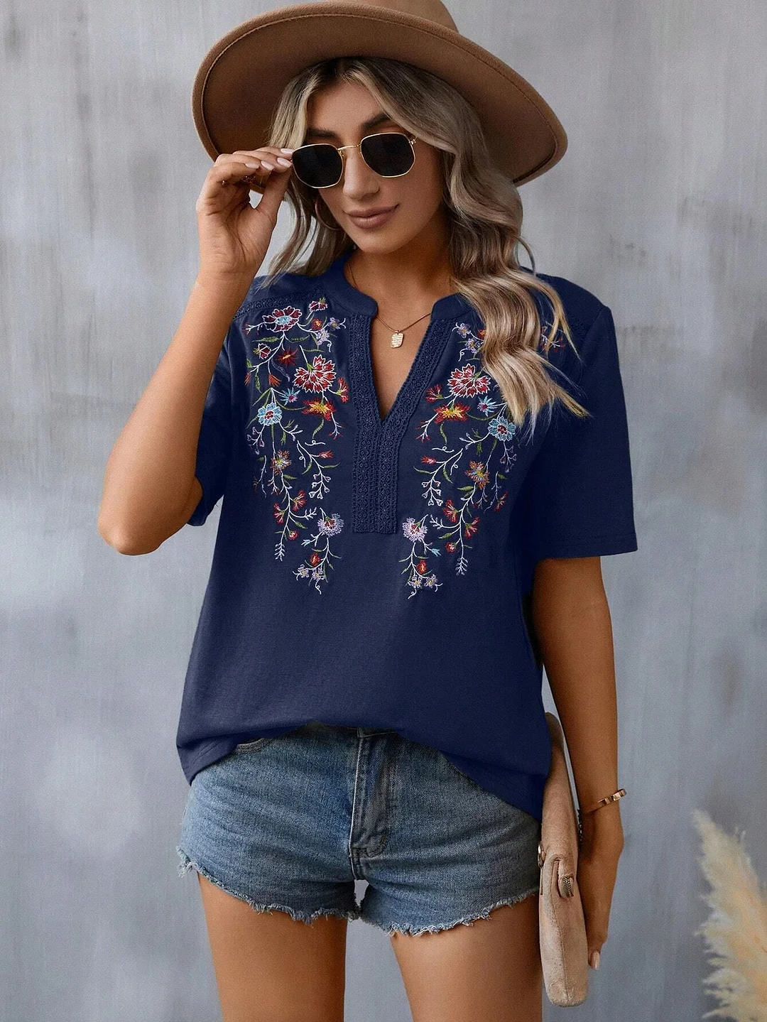 Women's Vintage Boho Casual Embroidered Stitching Lace Loose Blouses V-neck T-shirt