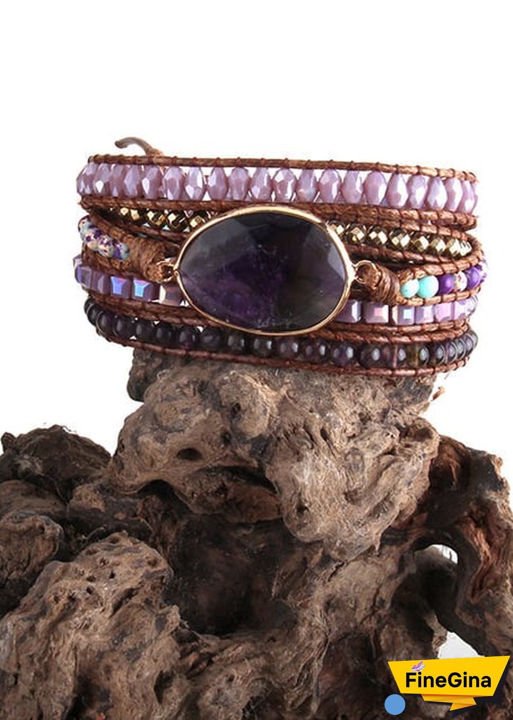 Boho Bracelet, RH 5 Layers Leather Wrap Bracelet, Natural Stones, Crystal Silver