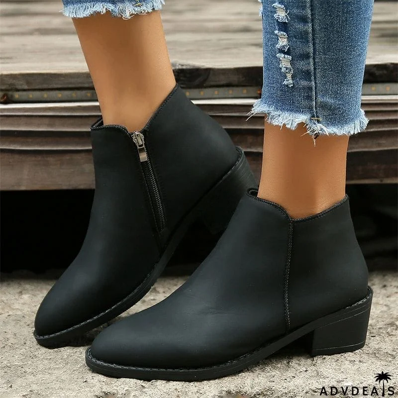 Women's Winter Classic Side Zipper Block Heels Martin Boots