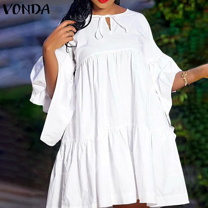 Summer Mini Dress 2022 VONDA Women 3/4 Flare Sleeve Pleated Party Dresses Flare Sleeve Plain Robe Bohemian Casual Beach Sundress