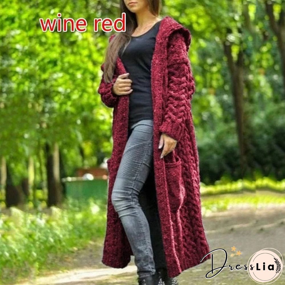 HOT Autumn/Winter Fashion Womens Coat Knit Hooded Sweater Loose Mid-length Casual Streetwear Knitted Cardigan Jackets for Women Outwear vestidos mujer Plus Size casacos de inverno feminino