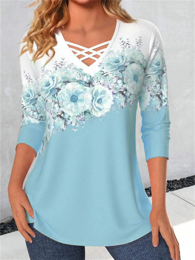 Women's Lace-up Floral Printed V-Neck Long Sleeve Top
