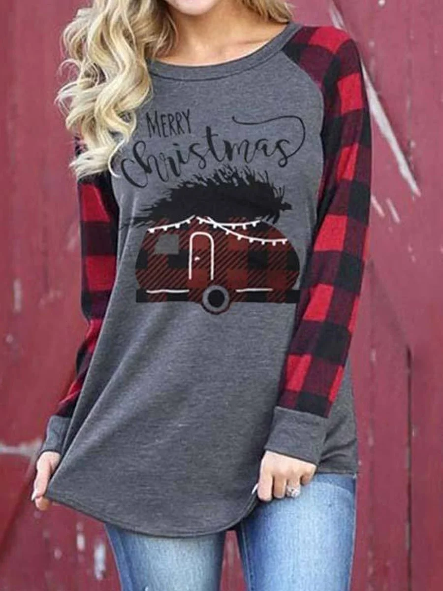 Merry Christmas Letter Print Round Neck Long Sleeve T-shirt