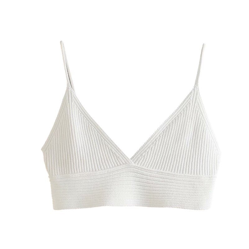 PUWD Sexy Woman White Knitted Slim V NECK Camisole 2021 Summer Fashion Female Solid Basic Short Tops Ladies Chic Beach Top