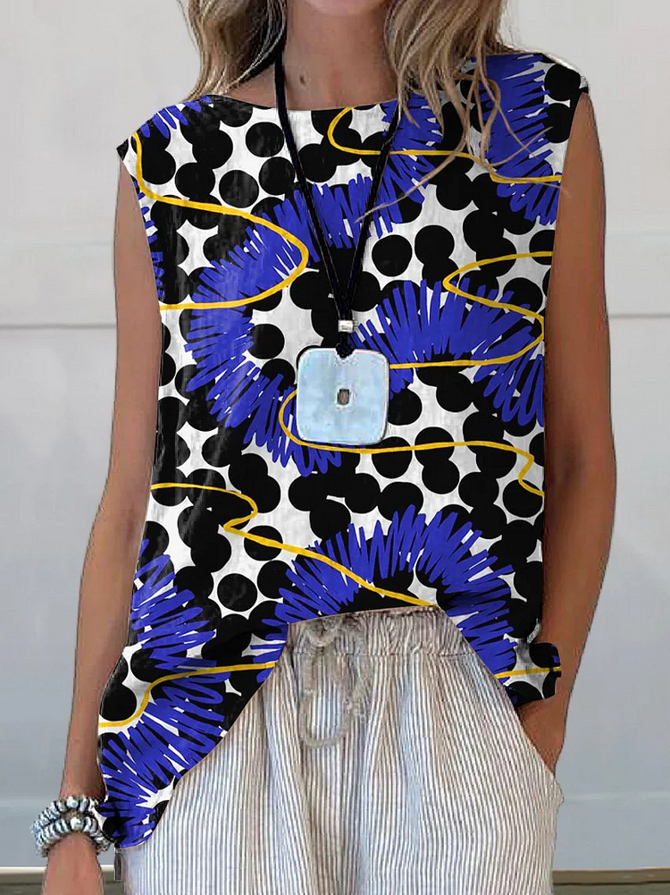 Abstract Geometric Pattern Printed Women's Casual Cotton And Linen Tank Top
