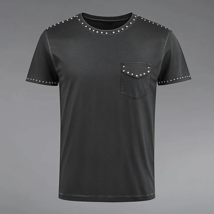 Okaywear Studded Decor Chest Pocket Short Sleeve T-Shirt Okaywear