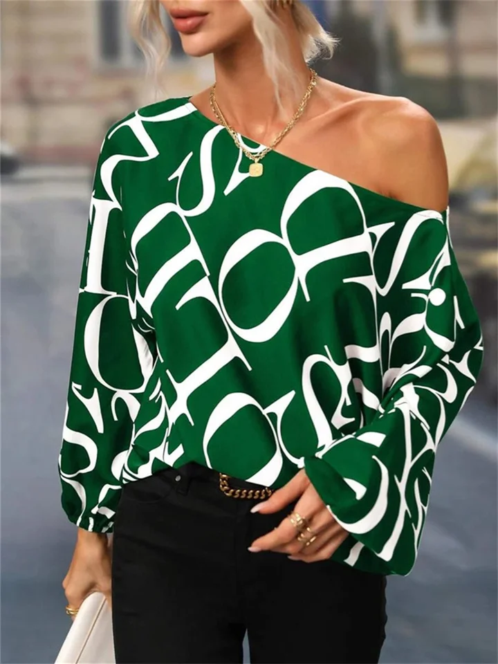 Summer New Fashion Personality Wind Abstract Painted A Shoulder Loose Lantern Sleeves Long-sleeved Tops Women